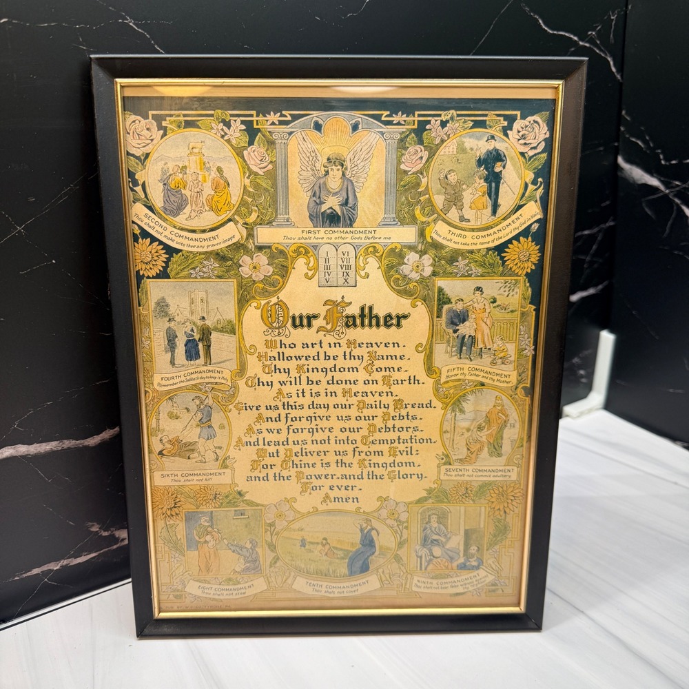 Antique 1920s Lord's Prayer Ten Commandments Lithograph W.C. Co Tyrone PA